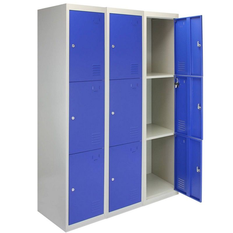 Steel Lockers 9 Compartments 180cm - Grey & Blue Set Of Three Flatpack by Raven