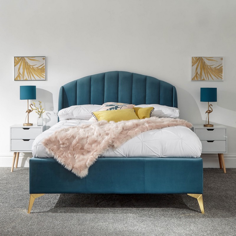 Pettine King Size Ottoman Bed Wood & Fabric Light Blue 5 x 7ft