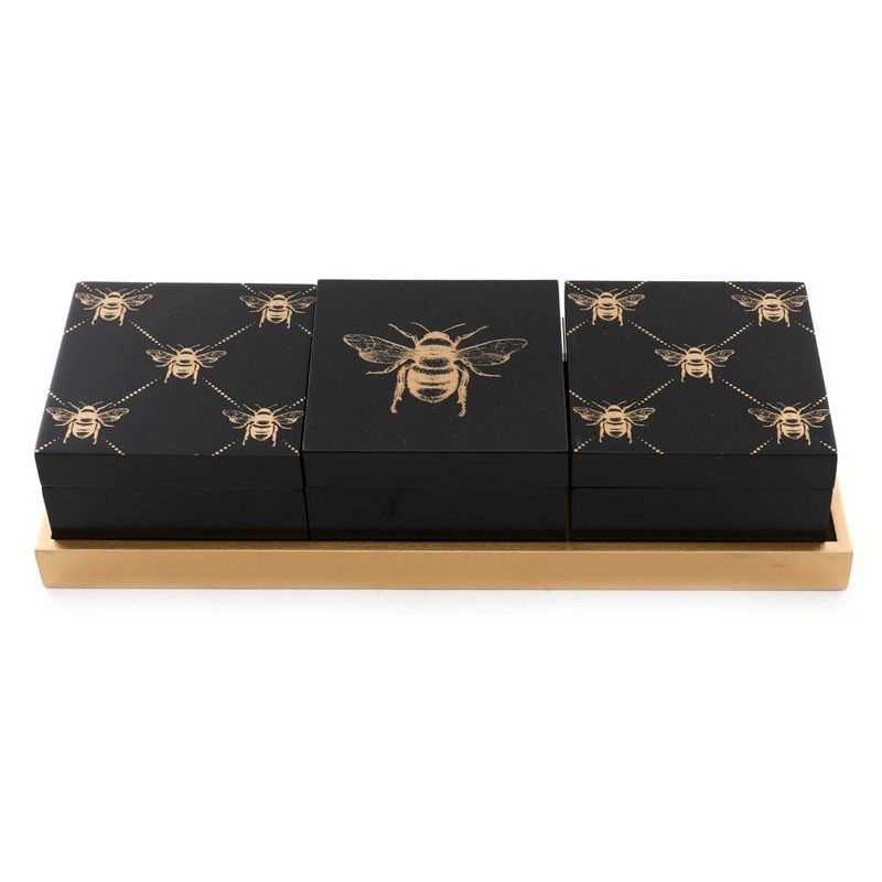 3 x Wood Jewellery Boxes 10cm - Black & Gold