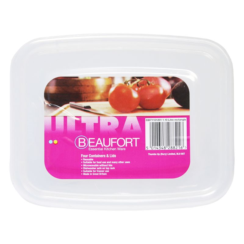 4 x Plastic Food Containers Square 1.1 Litres - Clear by Beaufort