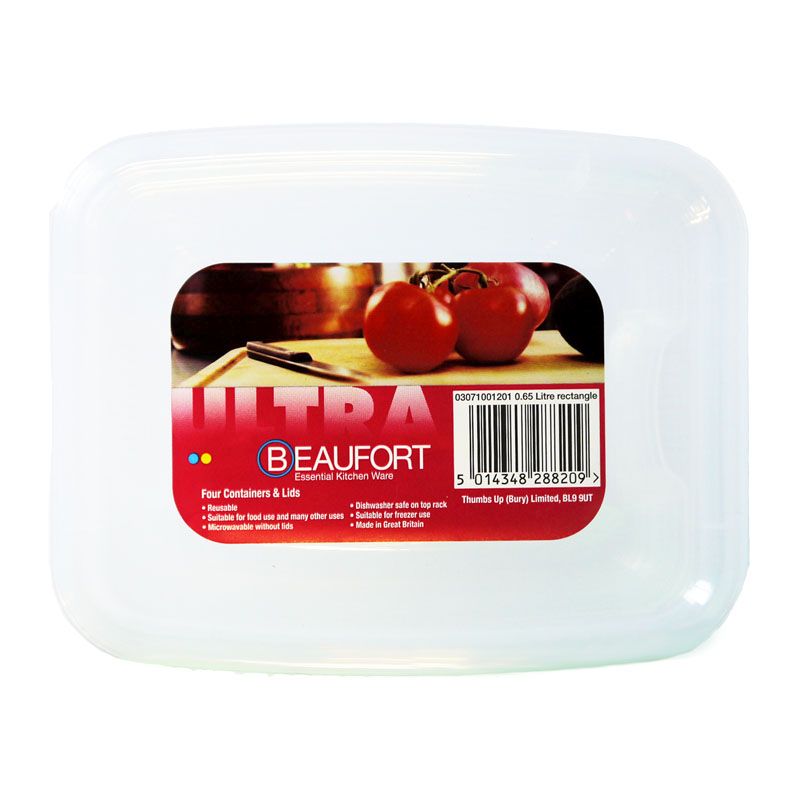 4 x Plastic Food Containers Rectangle 650ml - Clear by Beaufort
