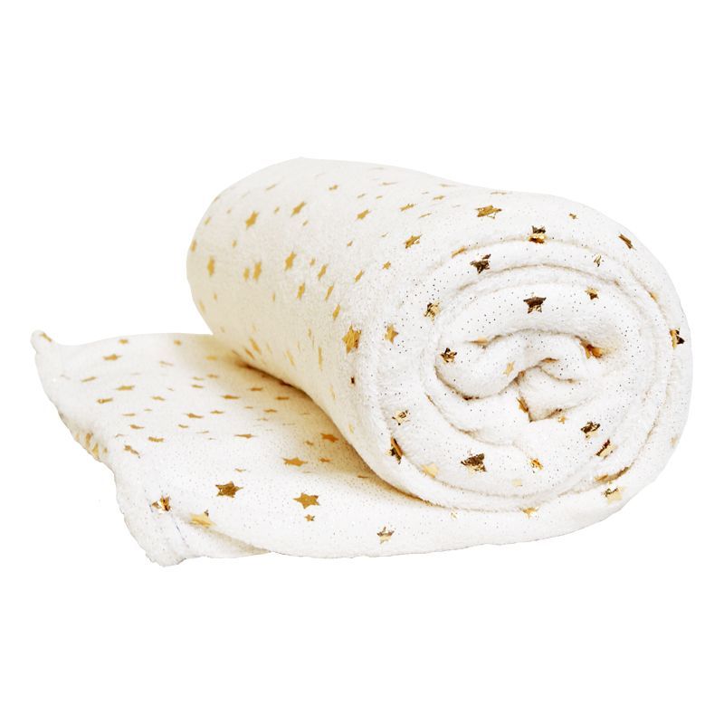 150 x 200cm Flannel Fleece Blanket Throw White With Gold Stars