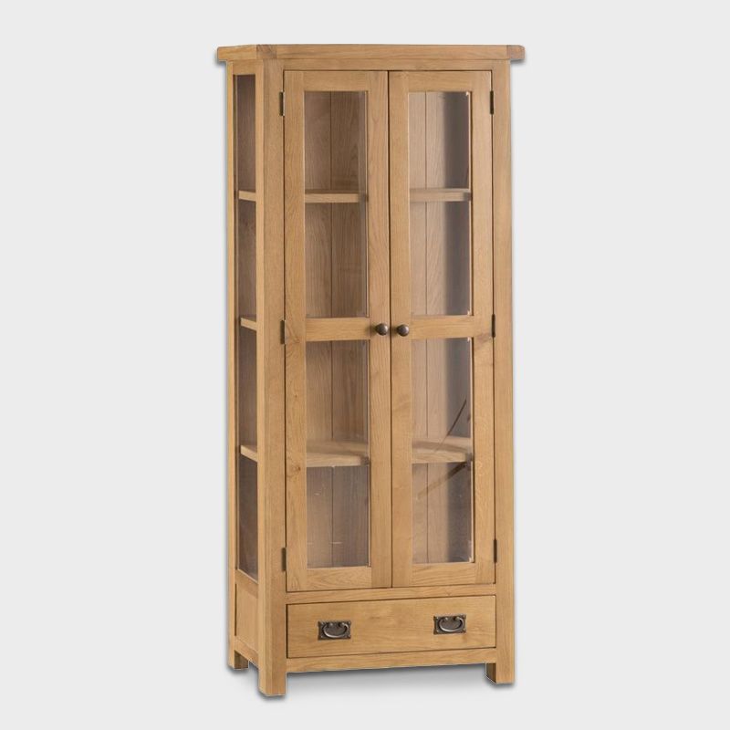 Cotswold Oak Tall Display Cabinet Natural 2 Doors 4 Shelves 1 Drawer