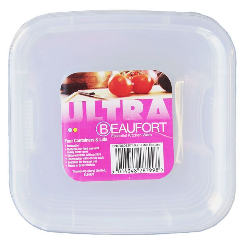 4 x Plastic Food Containers Square 750ml - Clear by Beaufort
