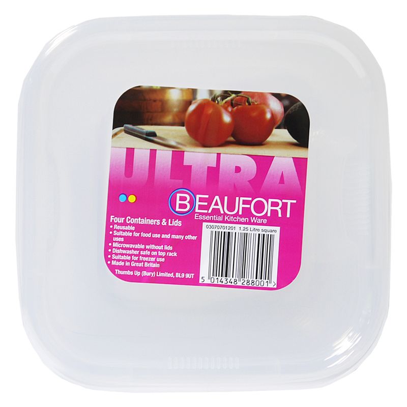 4 x Plastic Food Containers Square 1.25 Litres - Clear by Beaufort