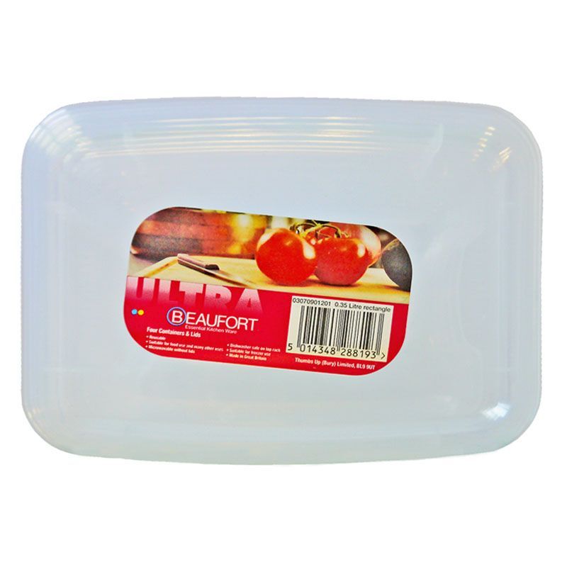 4 x Plastic Food Containers Rectangle 350ml - Clear by Beaufort