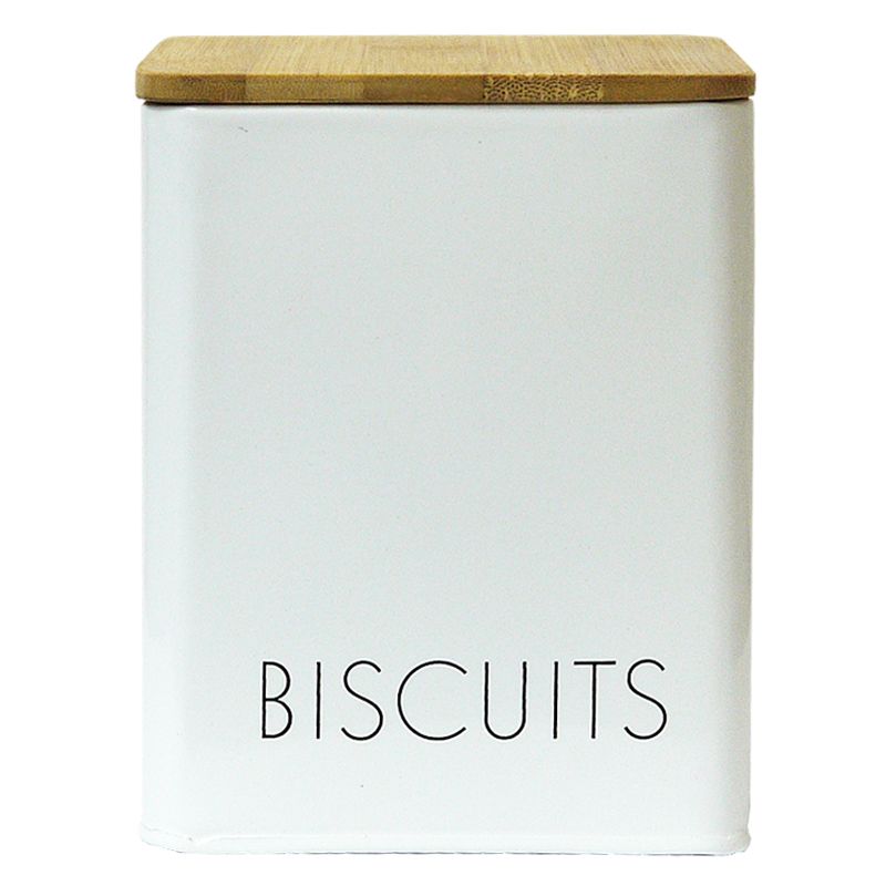 Biscuit Square Storage Jar With Bamboo Lid White With Black Text