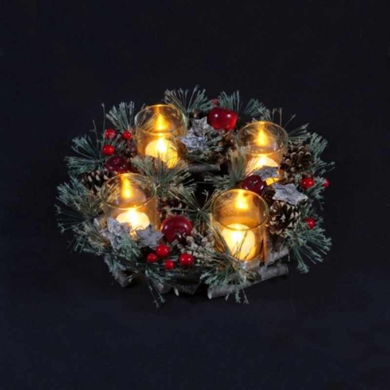 Pinecone Artificial Wreath Tea Light Holder - Red Fruits