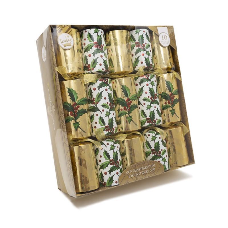 10 Deluxe Christmas Crackers 14 Inch - Gold With Holly