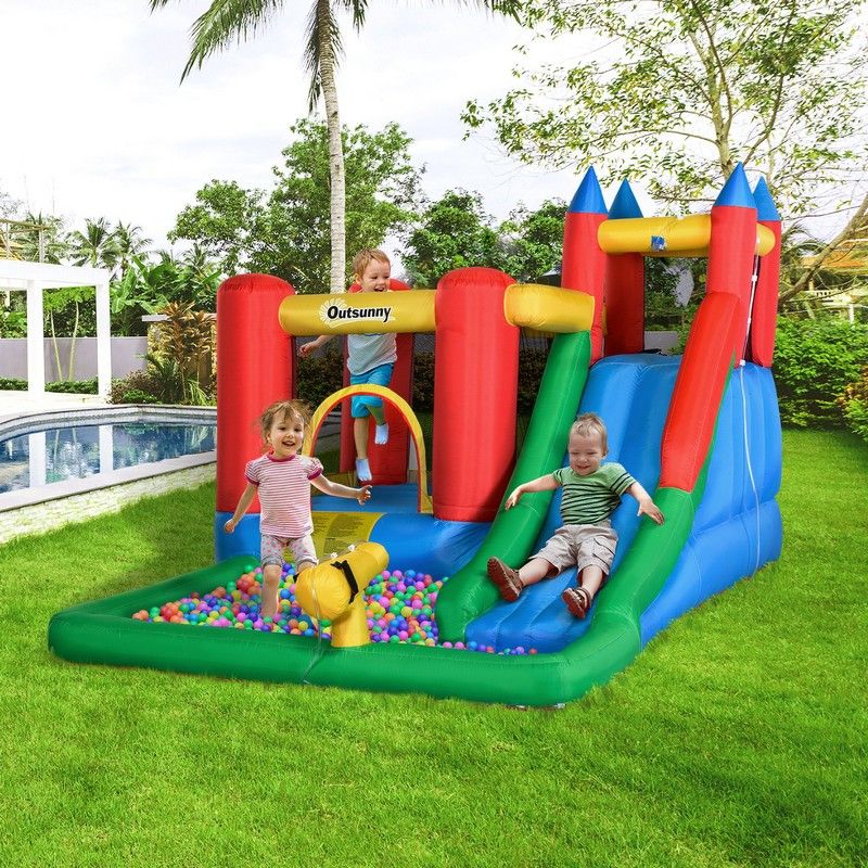 Outsunny Kids Inflatable Bouncy Castle Water Slide 6 In 1 Bounce House Jumping Castle Water Pool Gun Climbing Wall Basket With Air Blower For Summer Playland