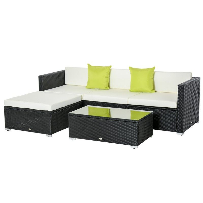 Outsunny 4-Seater Rattan Sofa Set Set Garden Outdoor Sectional Sofa Coffee Table Metal Frame Withcushion Pillows-Black