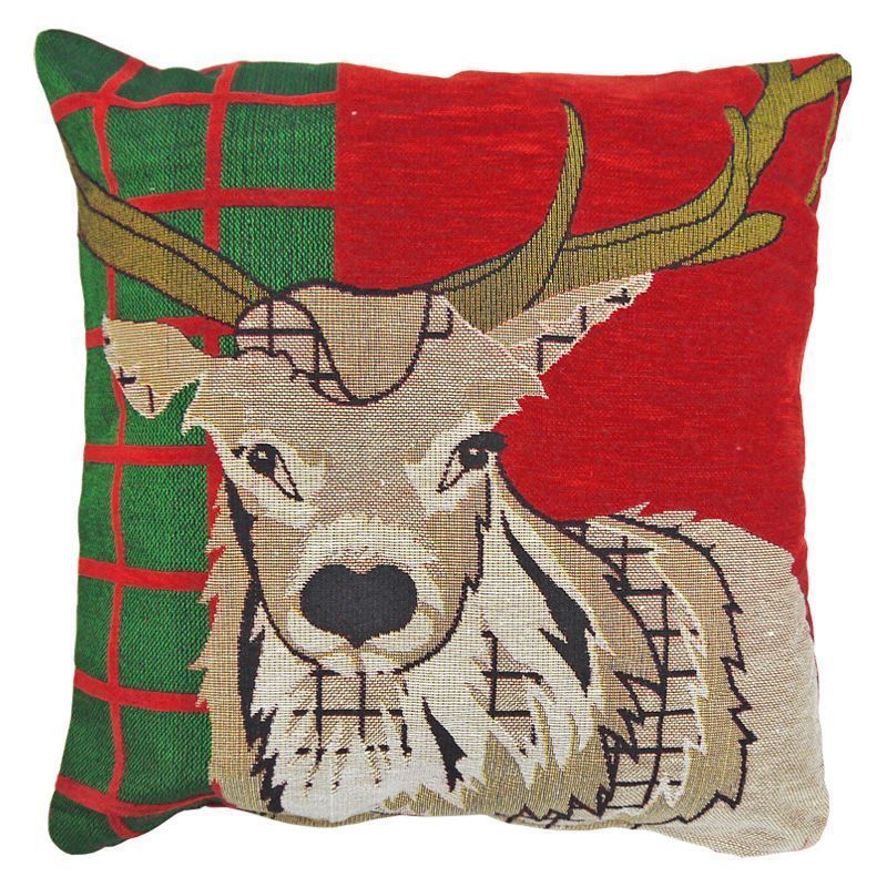 43x43cm Red and Green Tartan Stag Tapestry Cushion Christmas Design