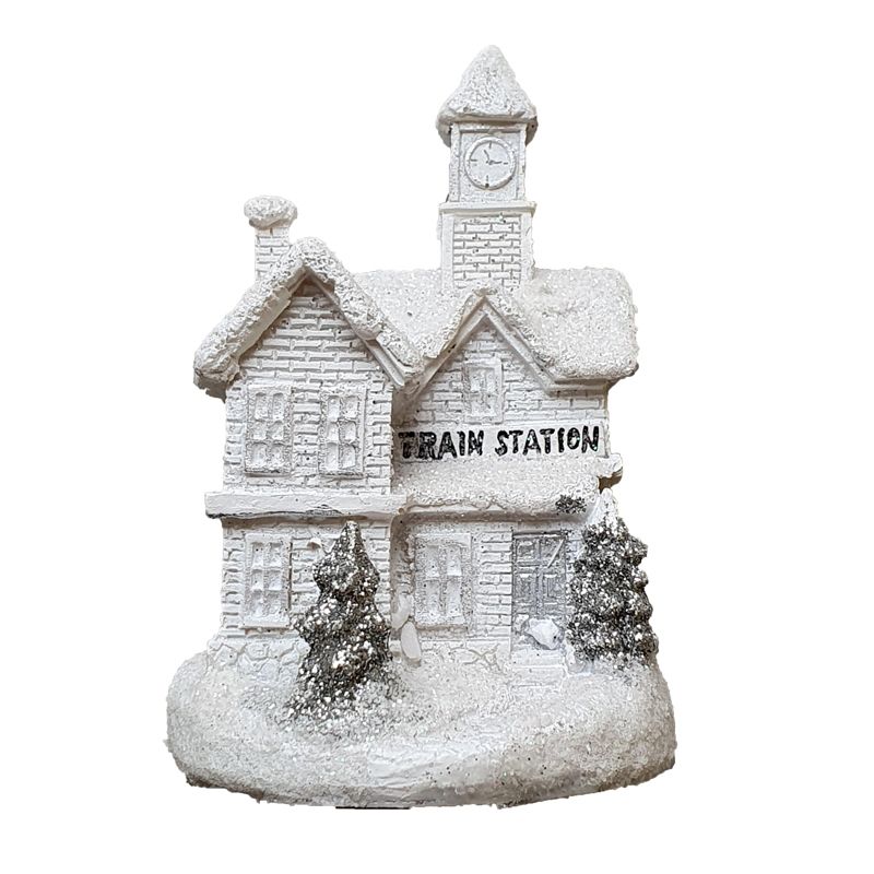 White Winter House Christmas Ornament Train Station