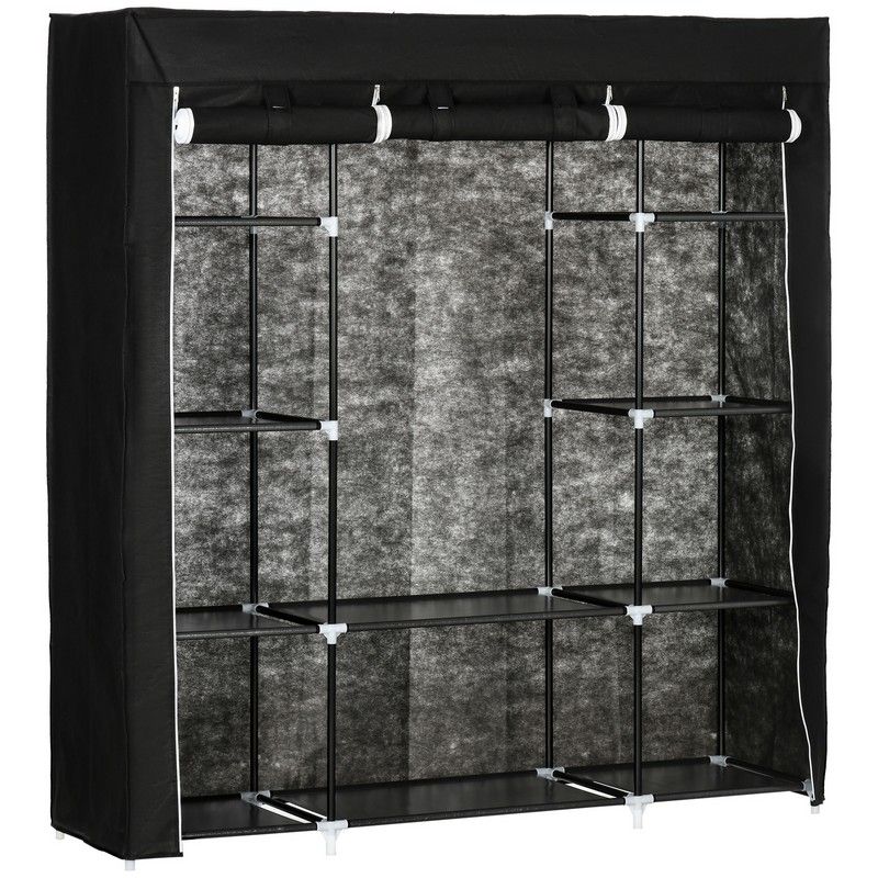 Homcom Fabric Wardrobe Portable Wardrobe With 10 Shelves 1 Hanging Rail Foldable Closets 150 X 43 X 162.5 cm Black