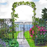 See more information about the Outsunny Garden Decorative Metal Arch with Gate Outdoor Patio Trellis Arbor for Climbing Plant Archway Antique Black - 108L x 45W x 215H cm