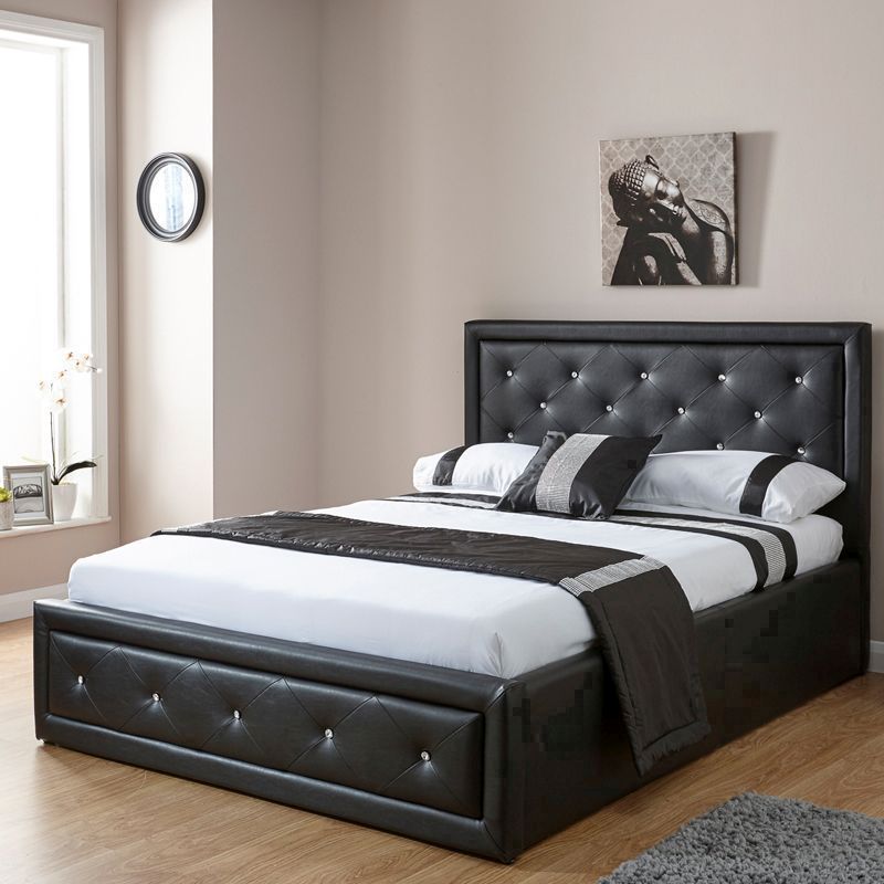 Hollywood Double Ottoman Bed Faux Leather Black 5 x 7ft