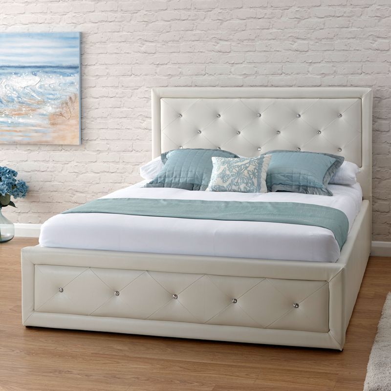 Hollywood Double Ottoman Bed Faux Leather White 5 x 7ft
