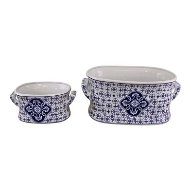 See more information about the 2x Planter Ceramic Blue & White with Ornate Pattern