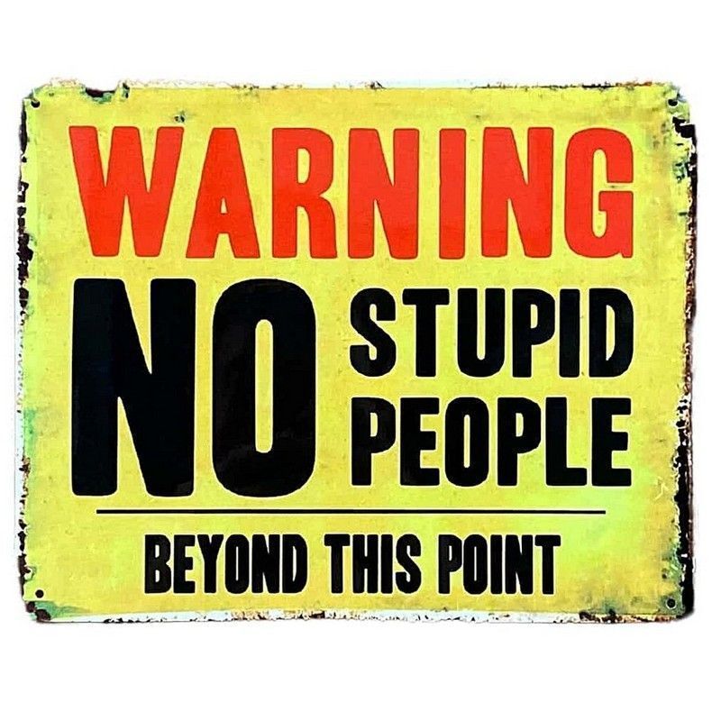 Warning No Stupid People Beyond This Point Sign Metal Wall Mounted - 25cm