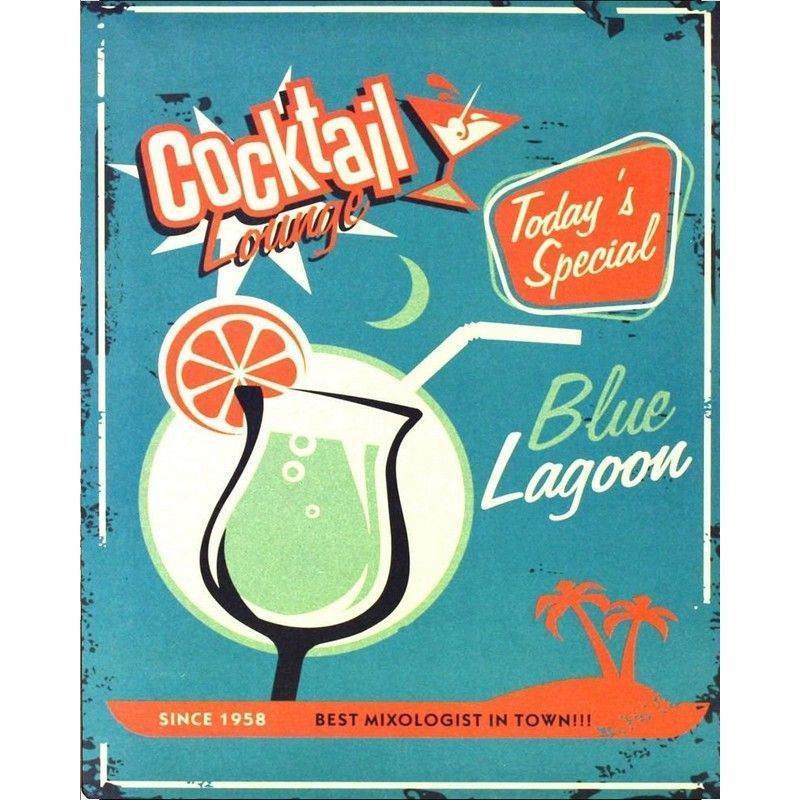 Vintage Blue Lagoon Cocktail Lounge Sign Metal Wall Mounted - 42cm
