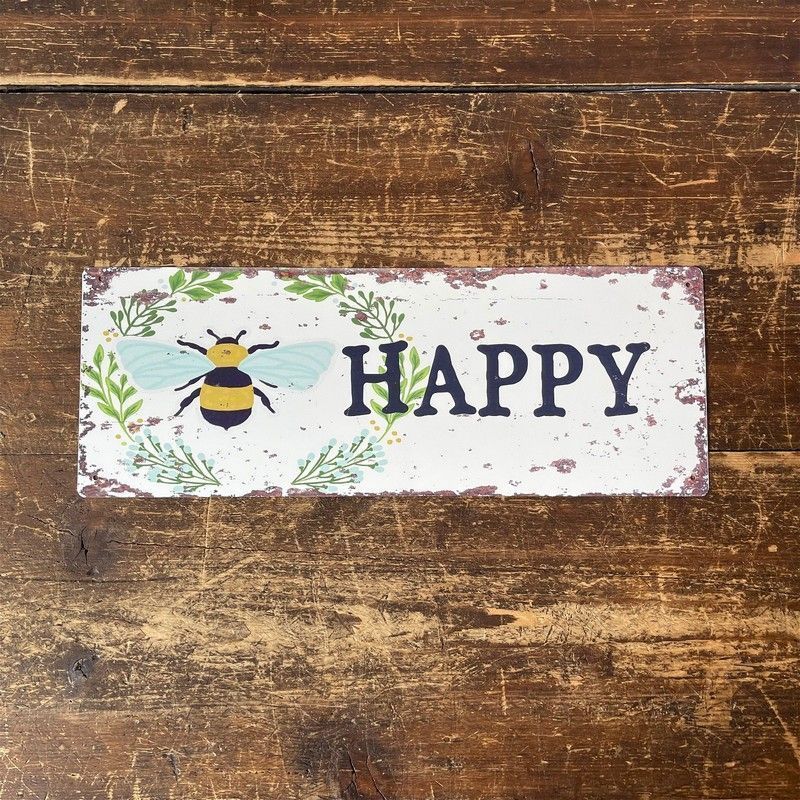 Vintage Bee Happy Sign Metal Wall Mounted - 42cm