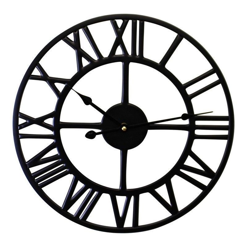 Roman Numeral Clock Metal Black Wall Mounted Battery Powered - 39cm