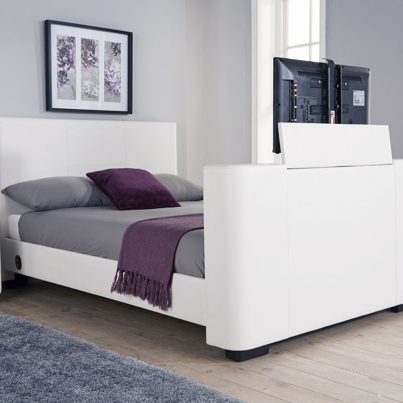 Newark King Size TV Bed White Faux Leather
