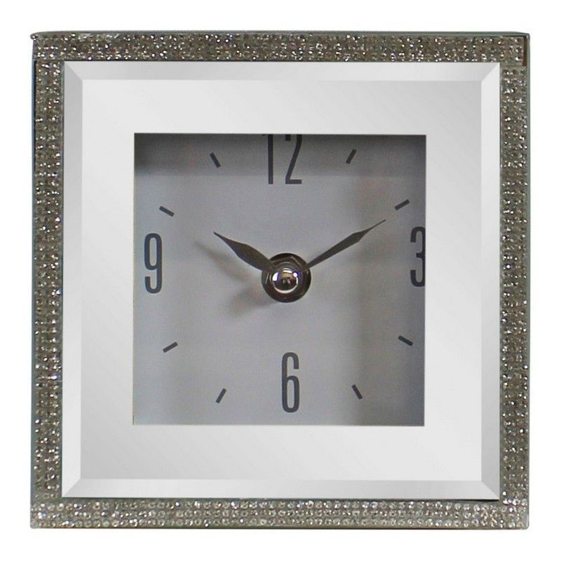 Mirrored Clock White with Jewelled Pattern Battery Powered - 14cm