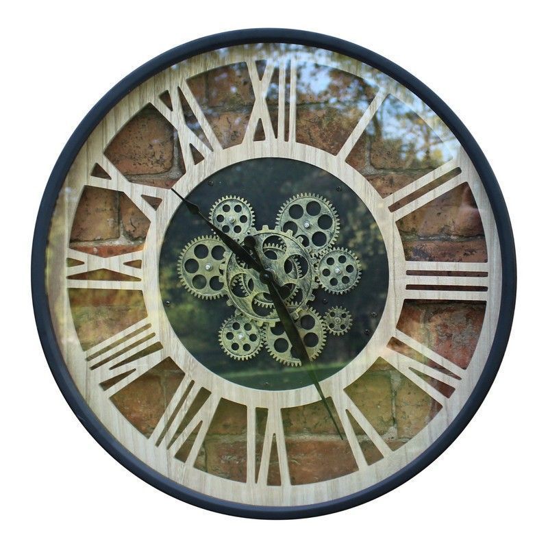 Steampunk Clock Metal & Wood Black Wall Mounted Battery Powered - 57cm