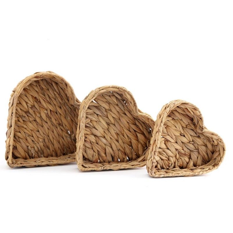 3 x Wicker Heart Baskets - Natural