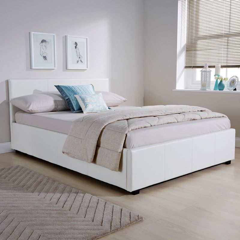 Winston Double Ottoman Bed Faux Leather White 5 x 7ft