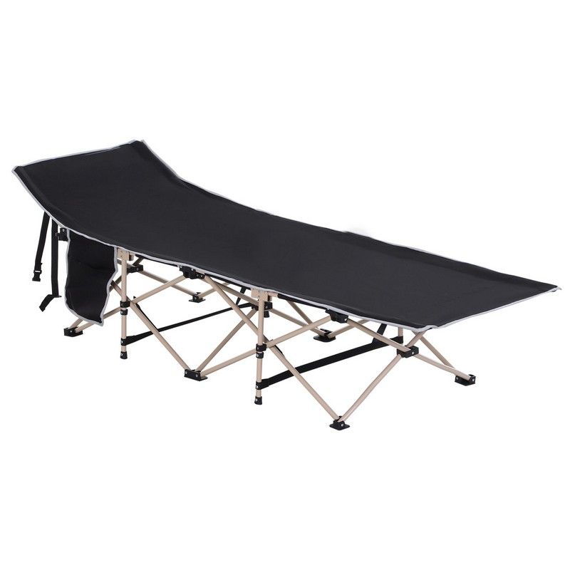 Outsunny Single Person Camping Bed Folding Cot Outdoor Patio Portable Military Sleeping Bed Travel Guest Leisure Fishing With Side Pocket And Carry Bag - Black