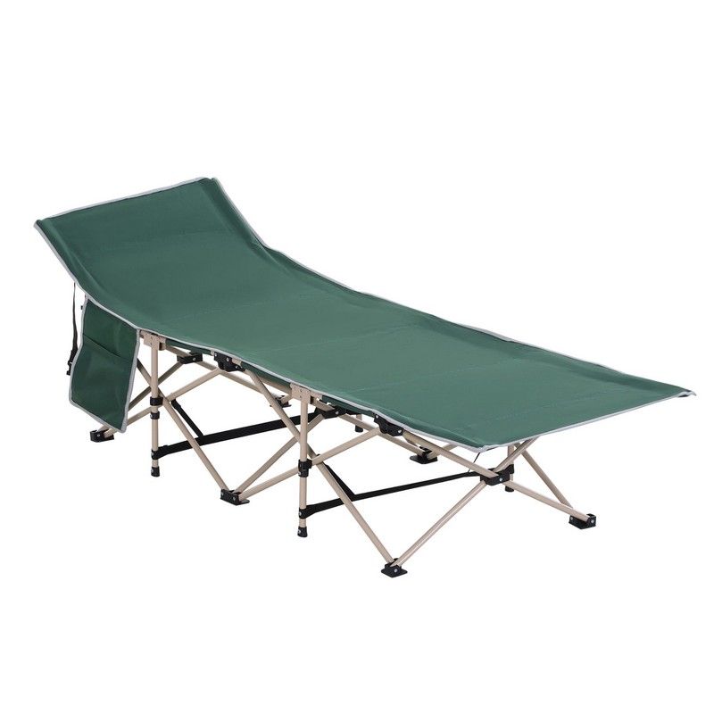 Outsunny Single Person Camping Bed Folding Cot Outdoor Patio Portable Military Sleeping Bed Travel Guest Leisure Fishing with Side Pocket and Carry Bag - Green