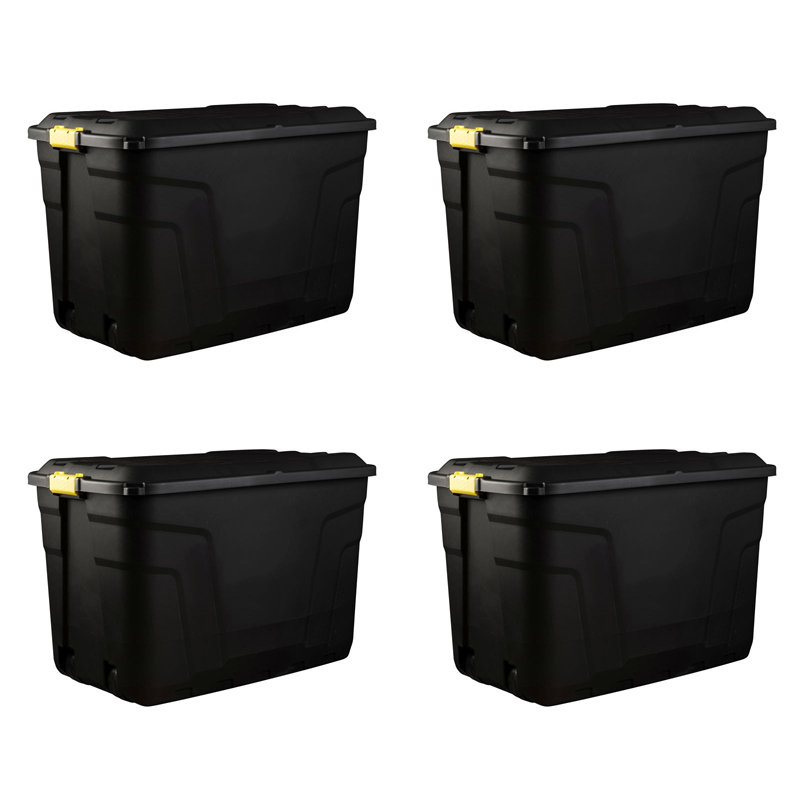 4 x Plastic Storage Box 2 Wheels 190 Litres Extra Large - Black Heavy Duty by Strata